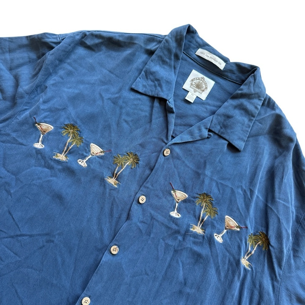 Embroidered Martini Palm Tree Silk Camp Shirt XXL Resort Style Hawaiian Cocktail